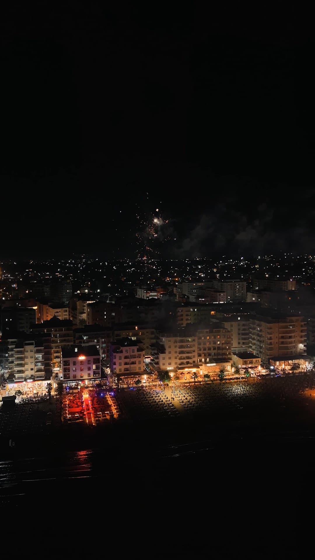 Durrës seafront and beach at night with fireworks